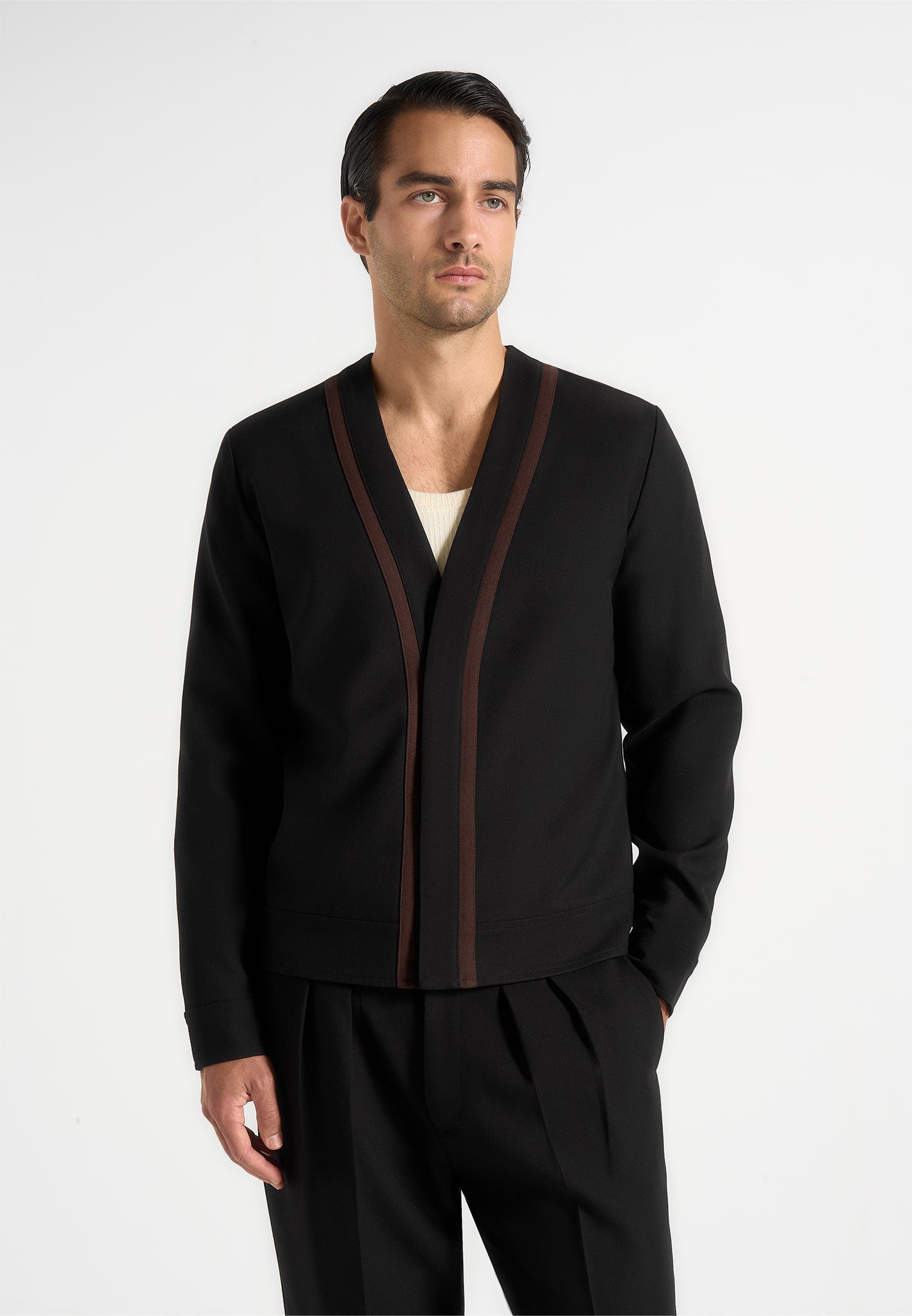 Alain - Tailored Cardigan With Contrast Placket - Black 