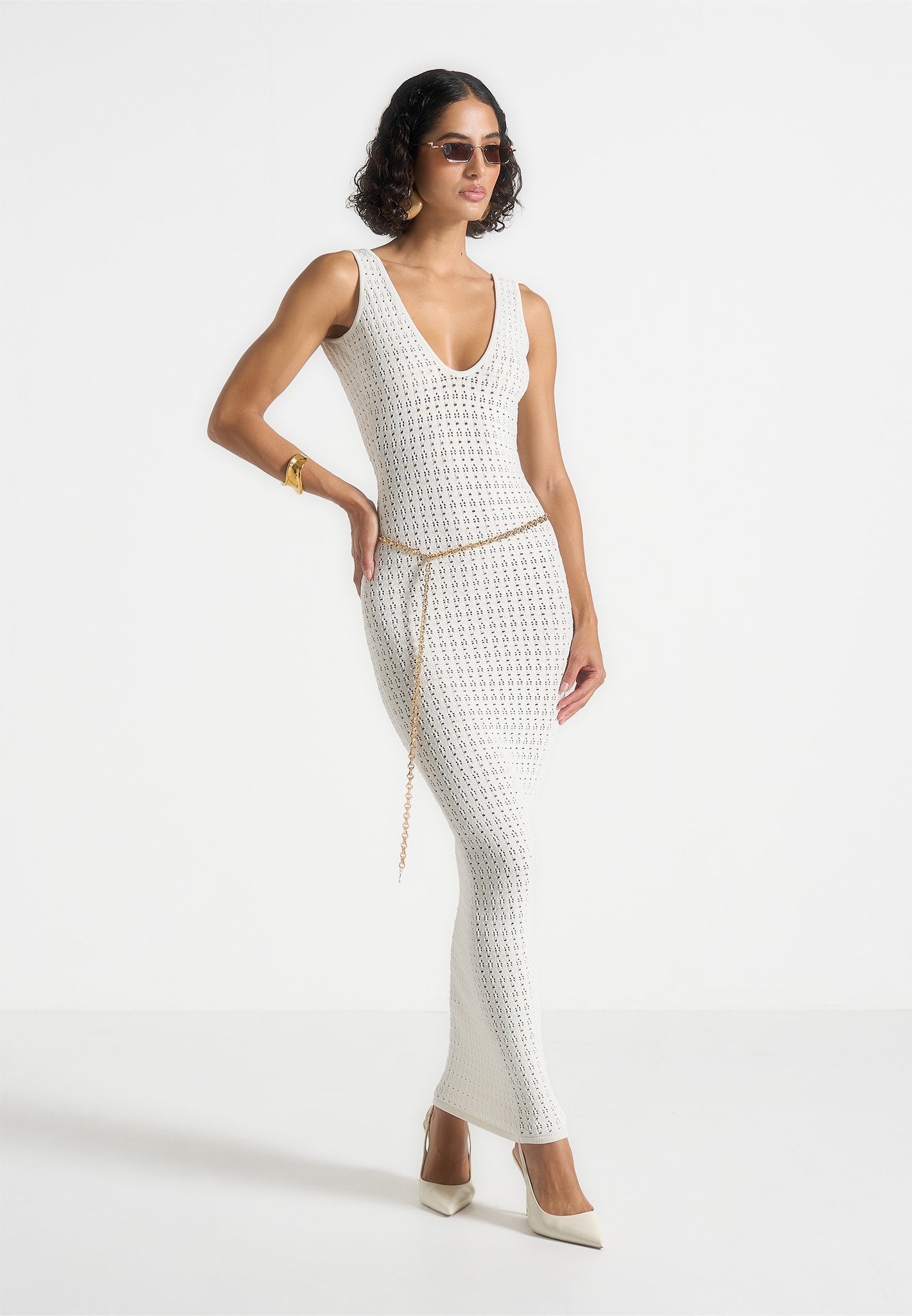 Myriam - Pointelle Plunge Maxi Dress With Chain - Cream | Manire De Voir USA Myriam - Pointelle Plunge Maxi Dress With Chain - Cream | Manire De Voir USA