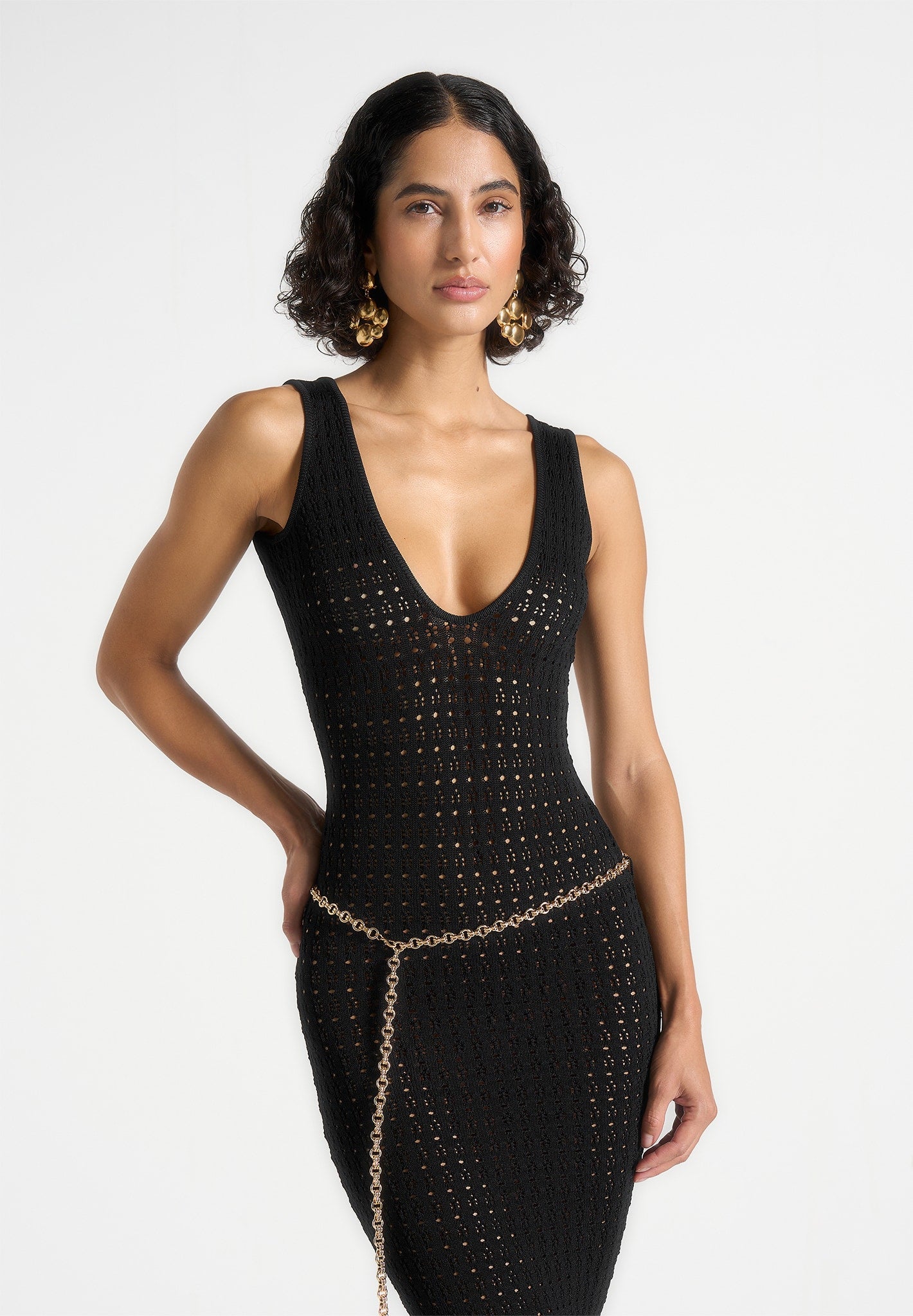 Women's Pointelle Plunge Maxi Dress With Chain - Black - M - Myriam