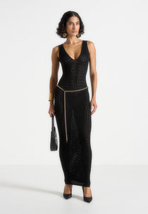 Myriam - Pointelle Plunge Midaxi Dress With Chain - Black