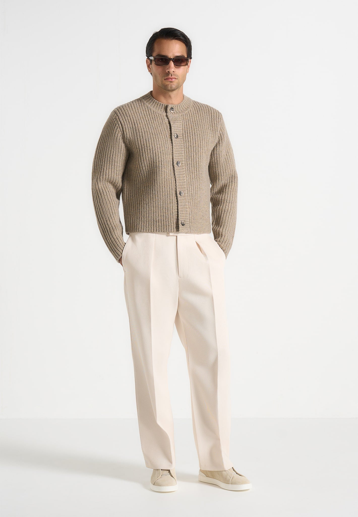 Alix - Unisex Crewneck Ribbed Knit Cardigan - Beige 