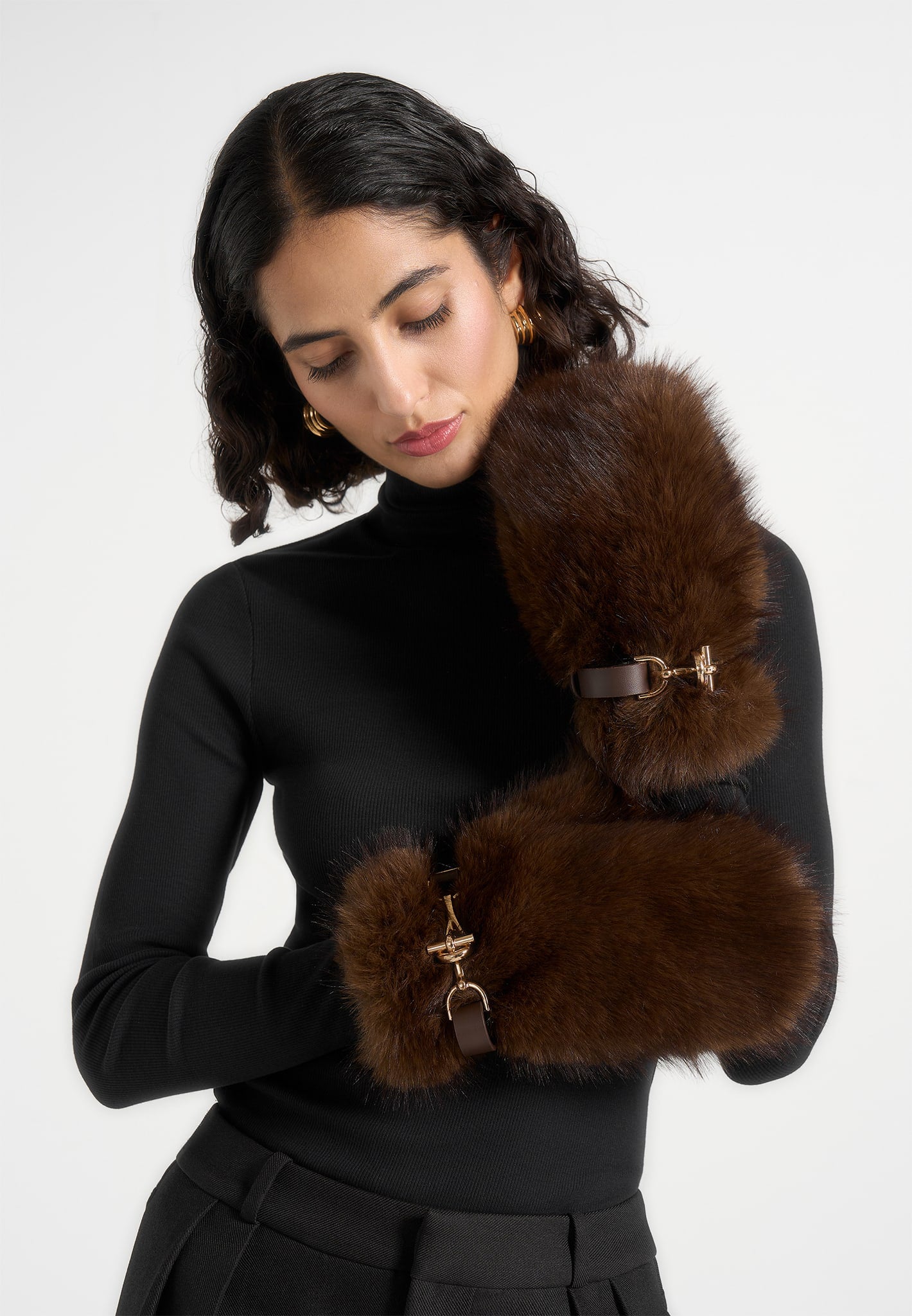 Alva - Fur Mitten Gloves - Brown 