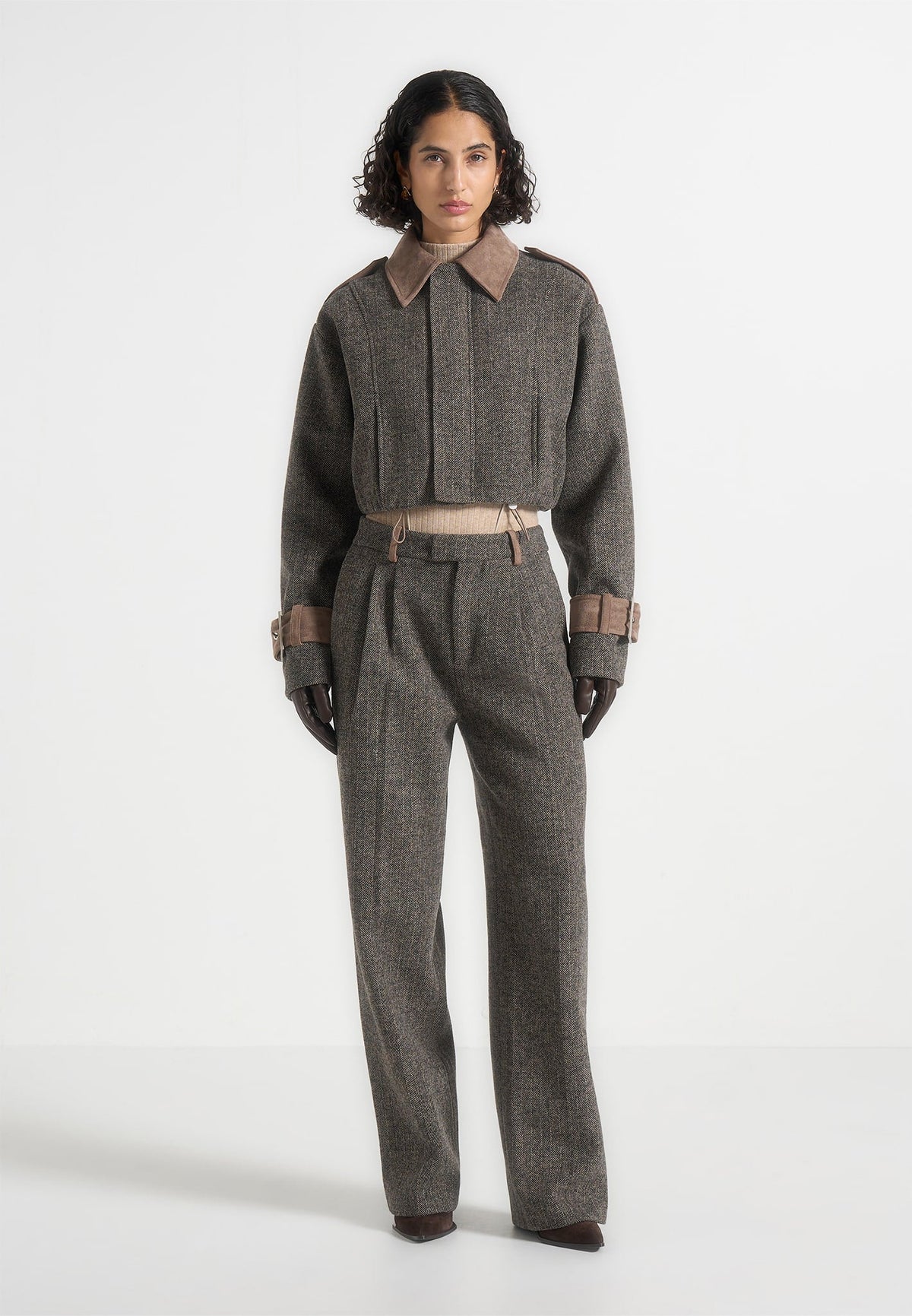 Galia - Herringbone and Suede Bungee Hem Jacket - Grey