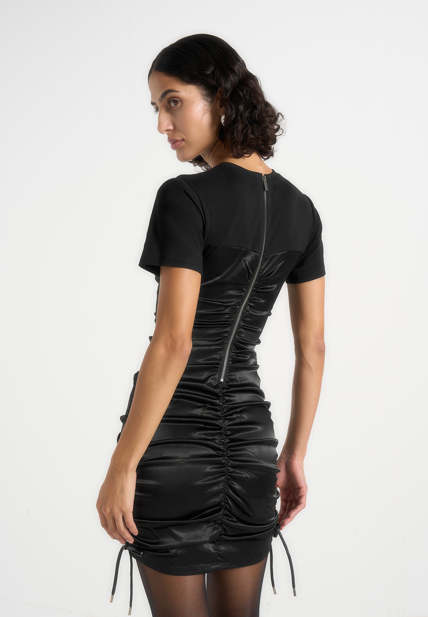 Ruched Satin T-Shirt Dress - Black