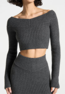 Off Shoulder Knit Crop Top - Grey Marl
