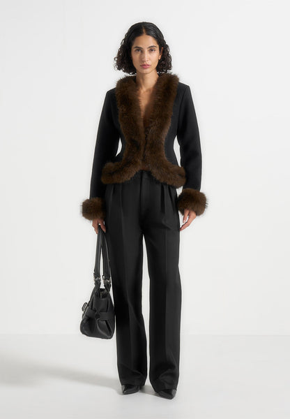 Lina - Sculpted Wool & Fur Trim Jacket - Black | Manire De Voir USA Lina - Sculpted Wool & Fur Trim Jacket - Black | Manire De Voir USA