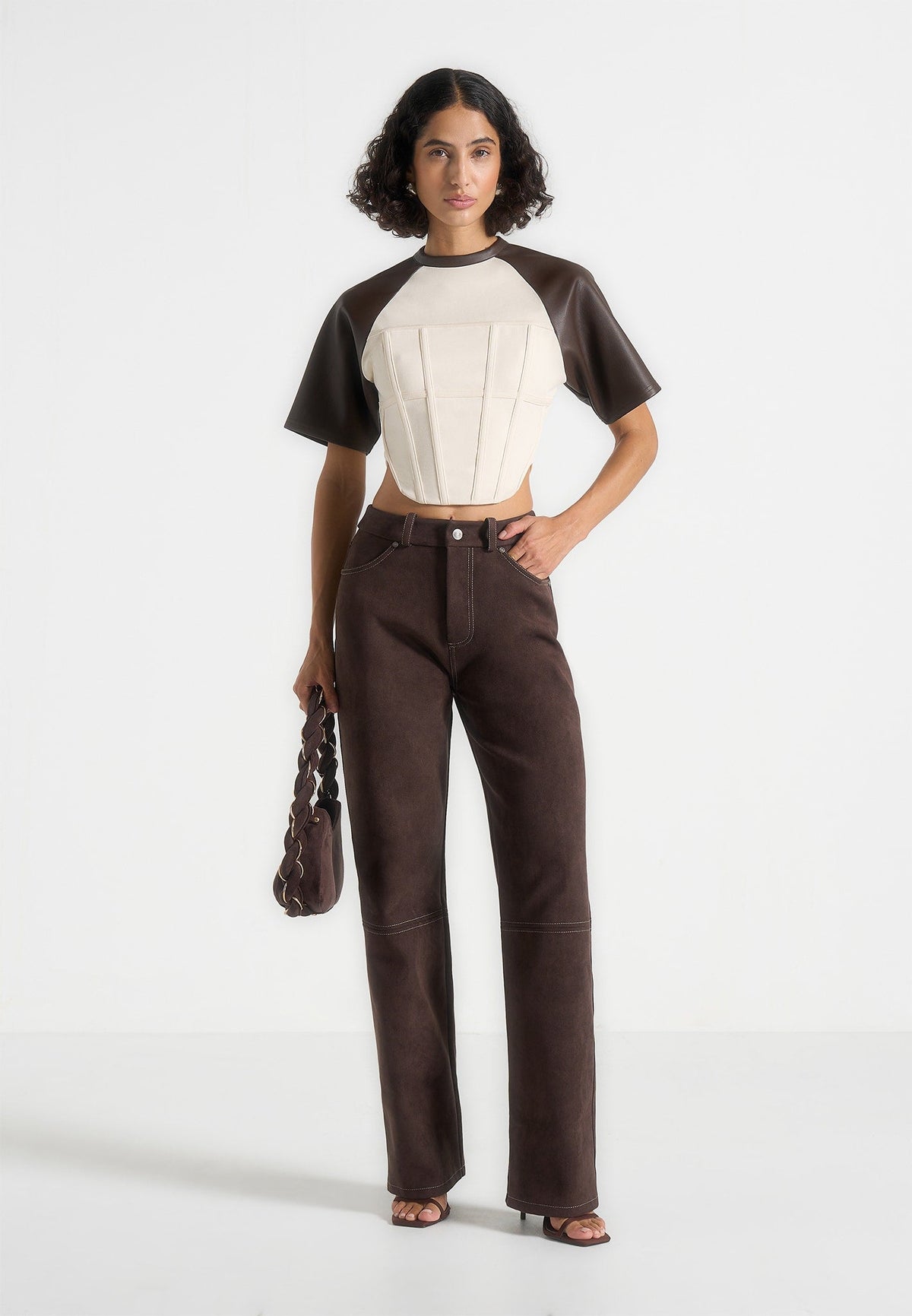 Juline - Leather Corset T-Shirt - Cream/Brown
