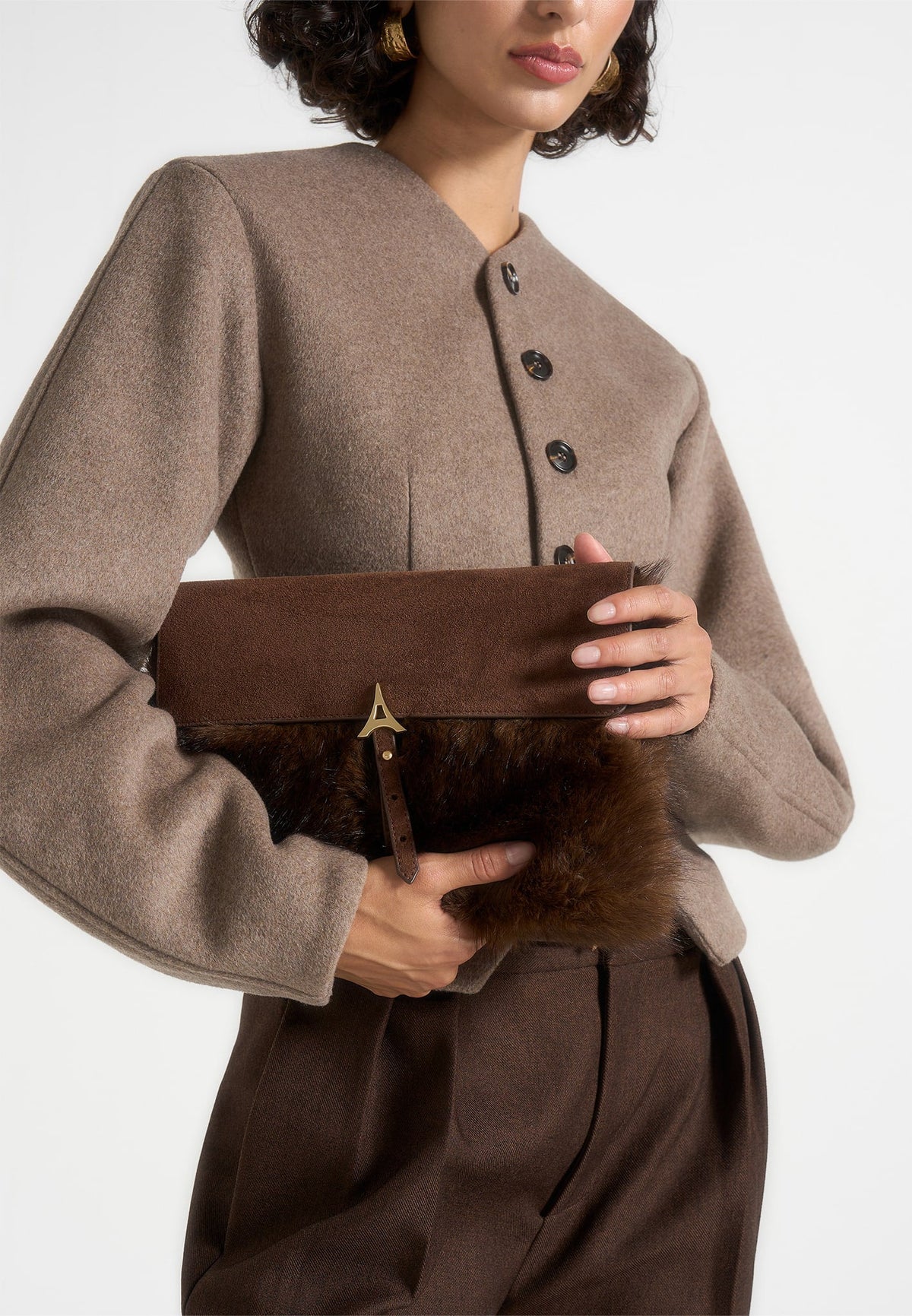 Aliya - Fur & Suede Clutch Bag - Brown/Beige