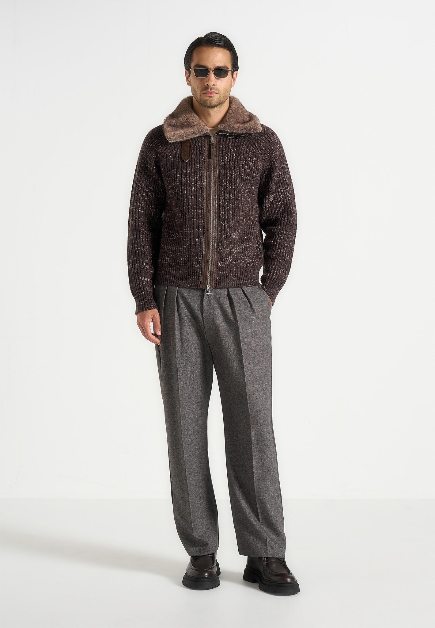 Ariel - Unisex Plush Collar Speckled Knit Jacket - Brown 