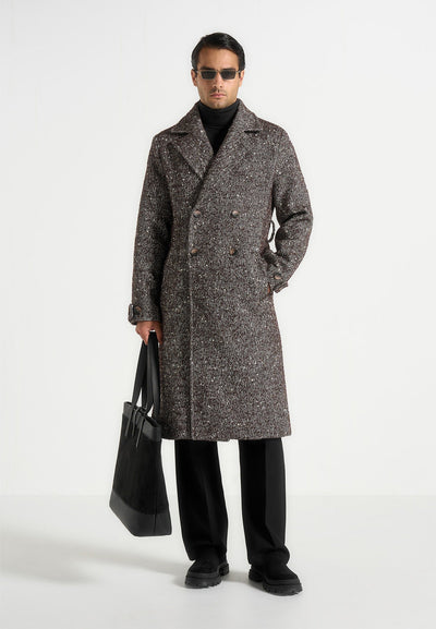 Ben - Herringbone Double Breasted Belted Coat - Brown