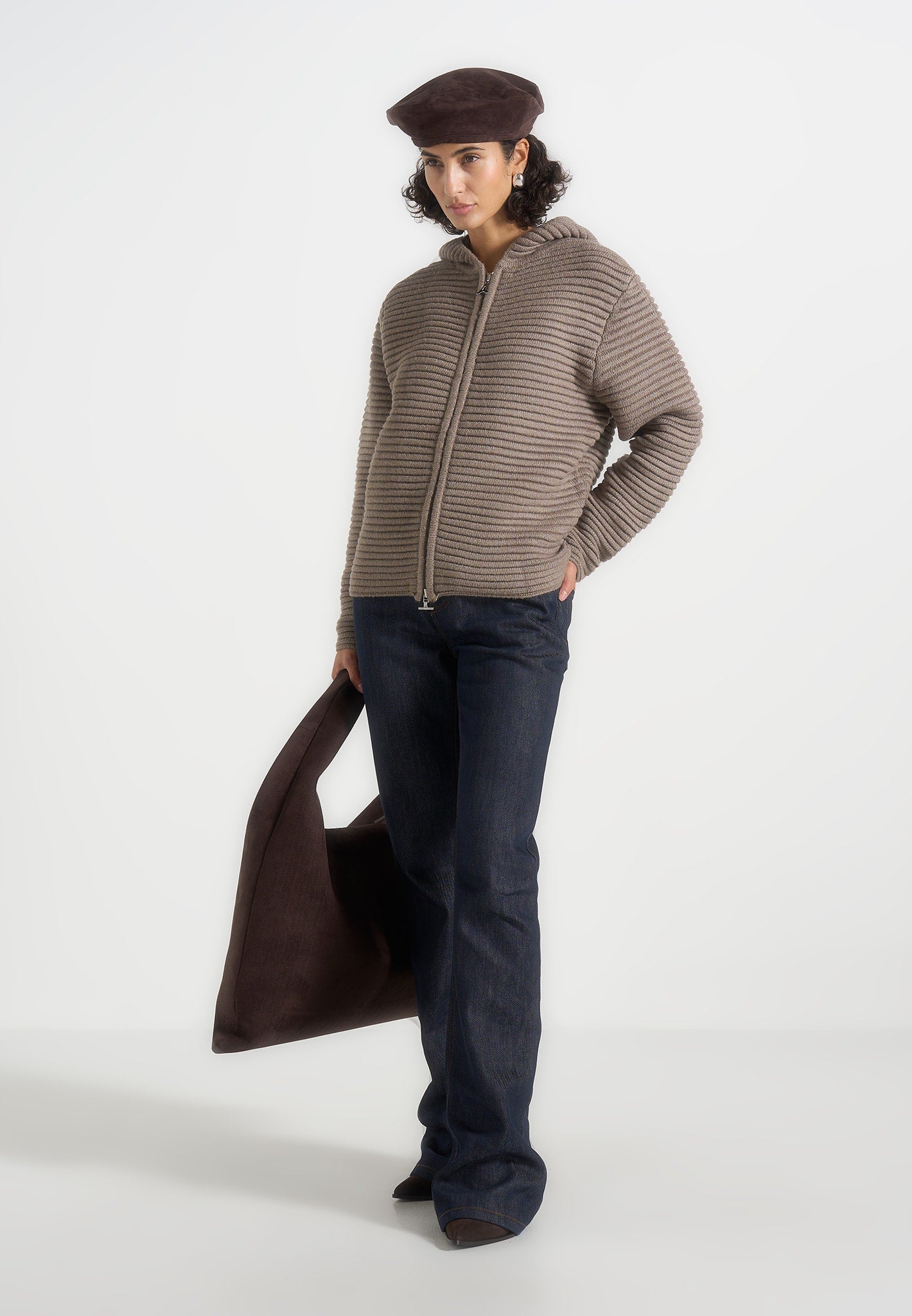 Eden - Unisex Ribbed Knit Zip Up Hoodie - Taupe