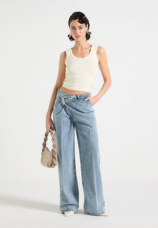 Astrid - Wrapover Denim Wide Leg Jeans - Mid Blue