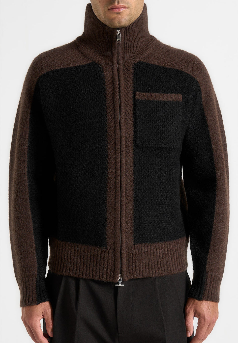 rene-colour-block-zip-through-cardigan-black-brown