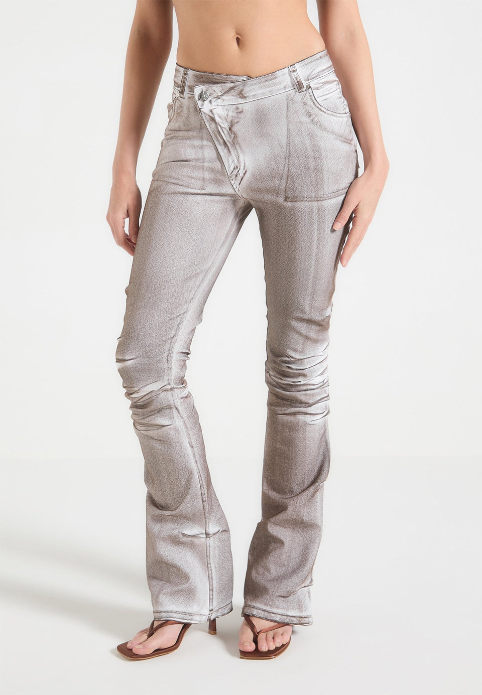 denim-effect-tacked-fit-and-flare-jeans-brown-white