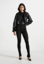 Tiana - Pointelle Knit Long Sleeve Jumpsuit with Belt - Black