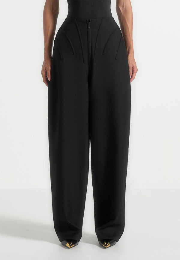 Rena - High Waisted Corset Sculptural Pants - Black