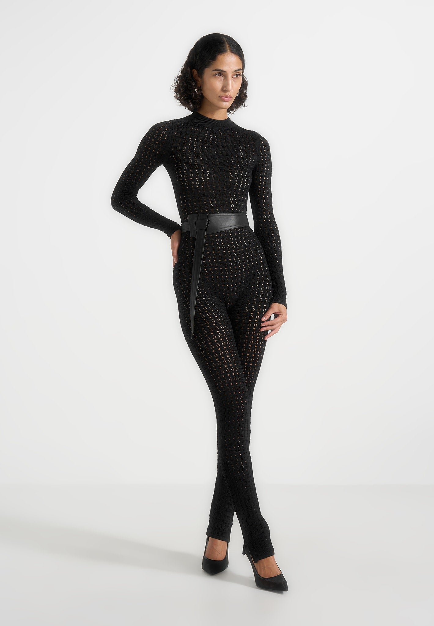 Tiana - Pointelle Knit Long Sleeve Jumpsuit with Belt - Black