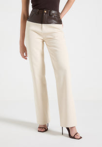 Renee - Leather & Denim Straight Leg Jeans - Cream/Brown