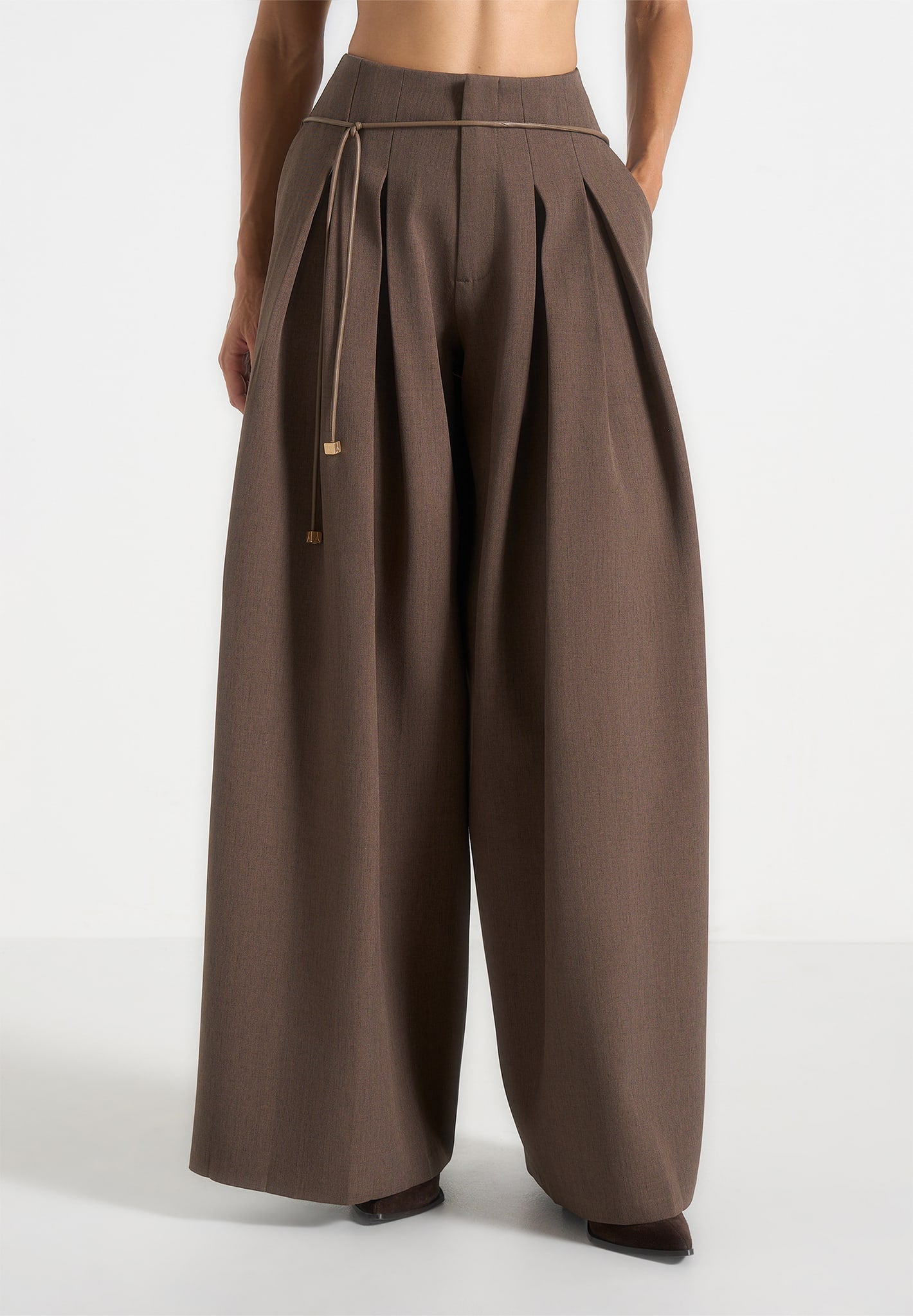 Flora - Box Pleat Wide Leg Belted Trousers - Brown 