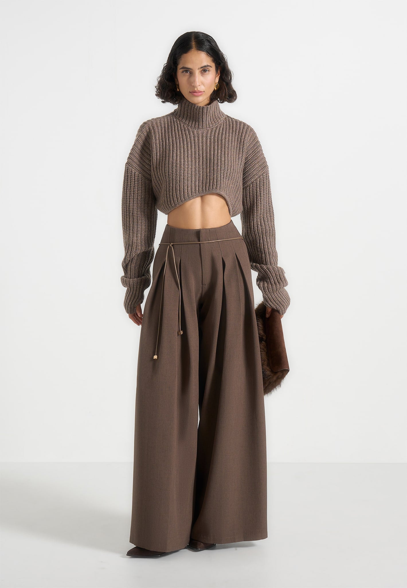Flora - Box Pleat Wide Leg Belted Trousers - Brown 