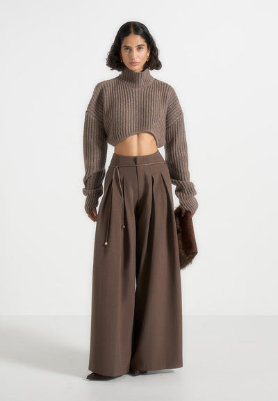 Flora - Box Pleat Wide Leg Belted Trousers - Brown