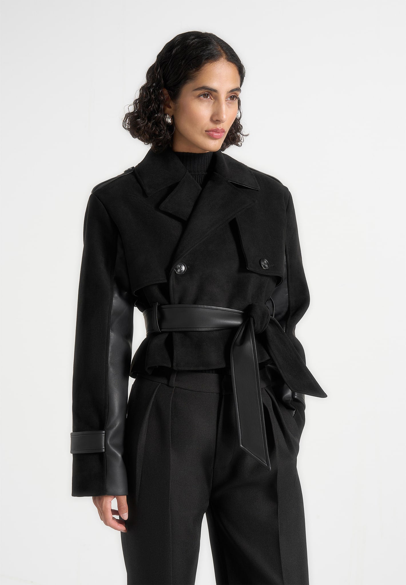 Lelia Cropped Suede Trench Coat With Belt Black Manière De