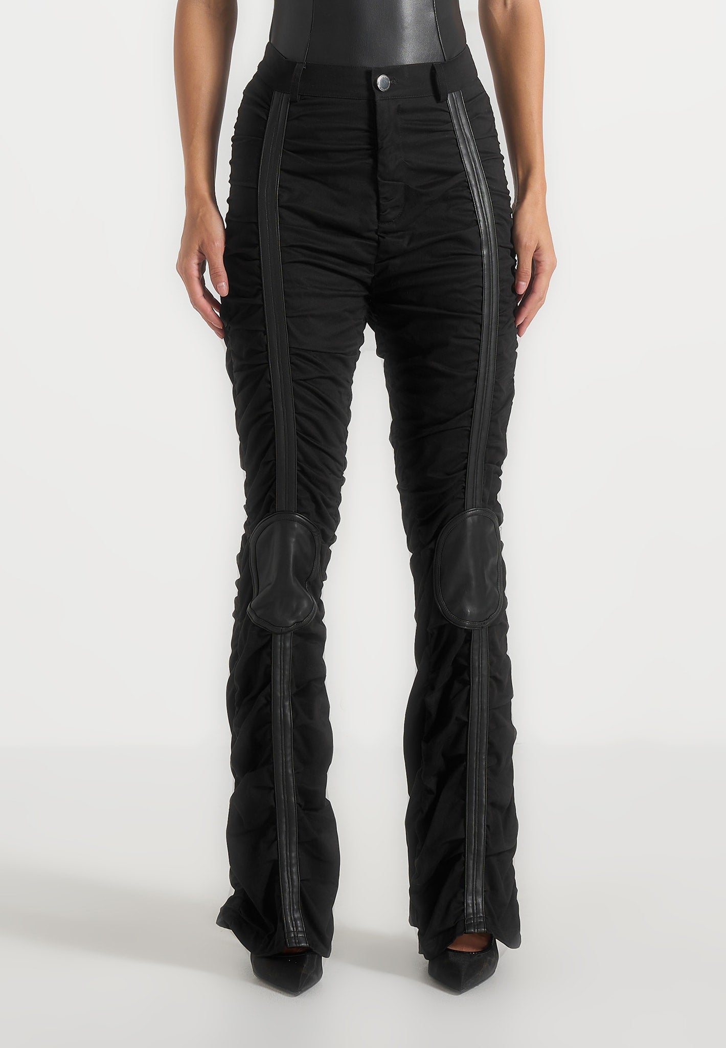 Ruched Trousers with Knee Patch - Black