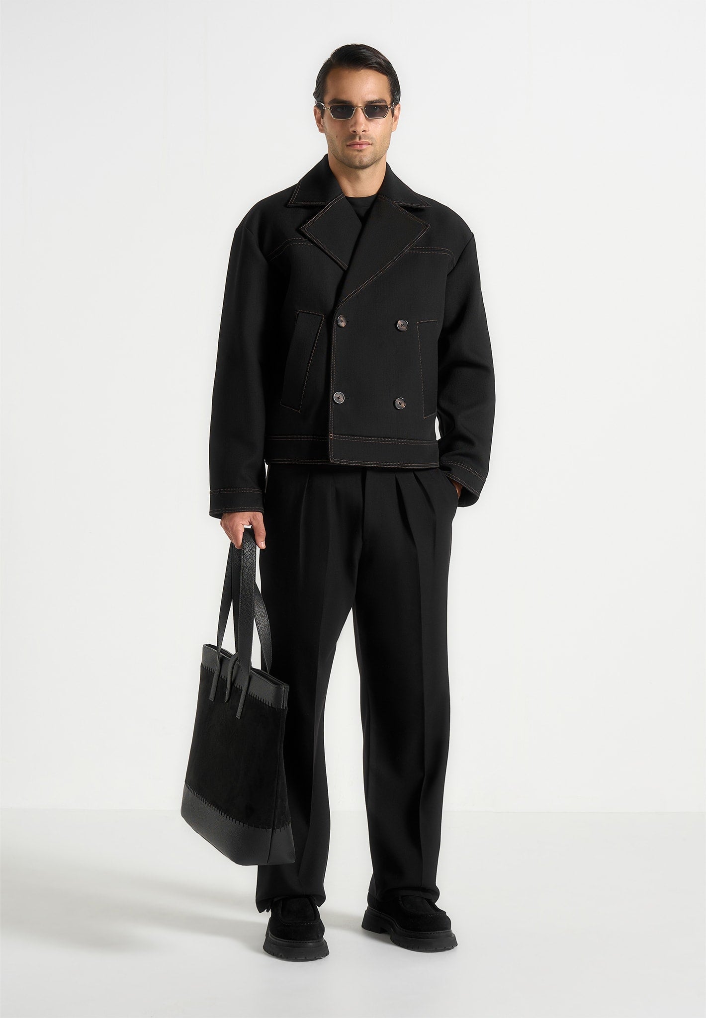 Mika - Unisex Tailored Double Breasted Jacket With Contrast Stitch - Black 