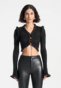 Flared Sleeve Textured Knit Cardigan - Black