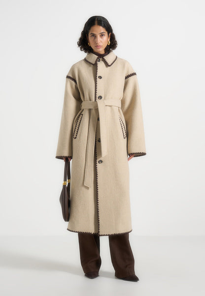 Elora - Wool Blanket Stitch Belted Longline Coat - Beige | Manière