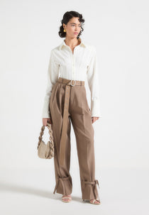 Suzanne - Tailored Pants with Oversized Belt and Ankle Ties - Taupe