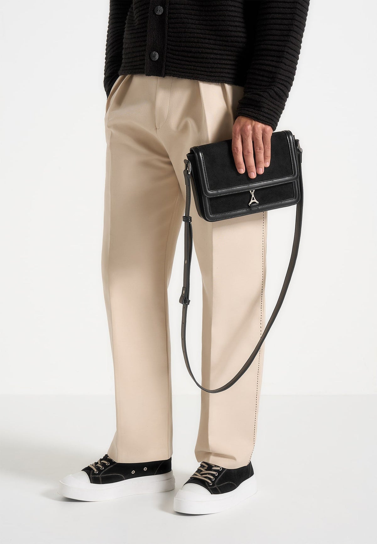 AC003 - Suede & Leather Crossbody Bag - Black