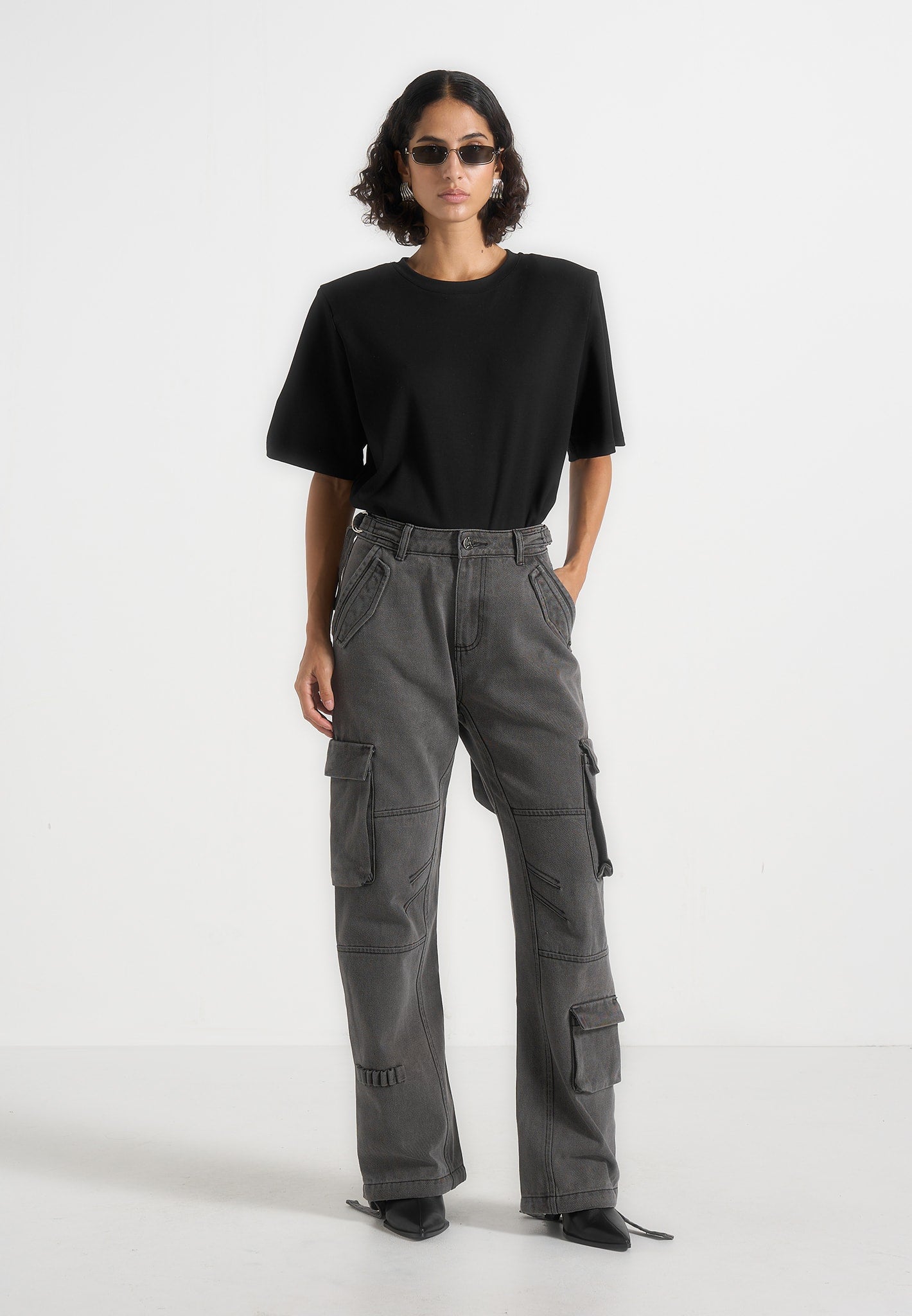 Mid Rise Cargo Pants - Washed Grey