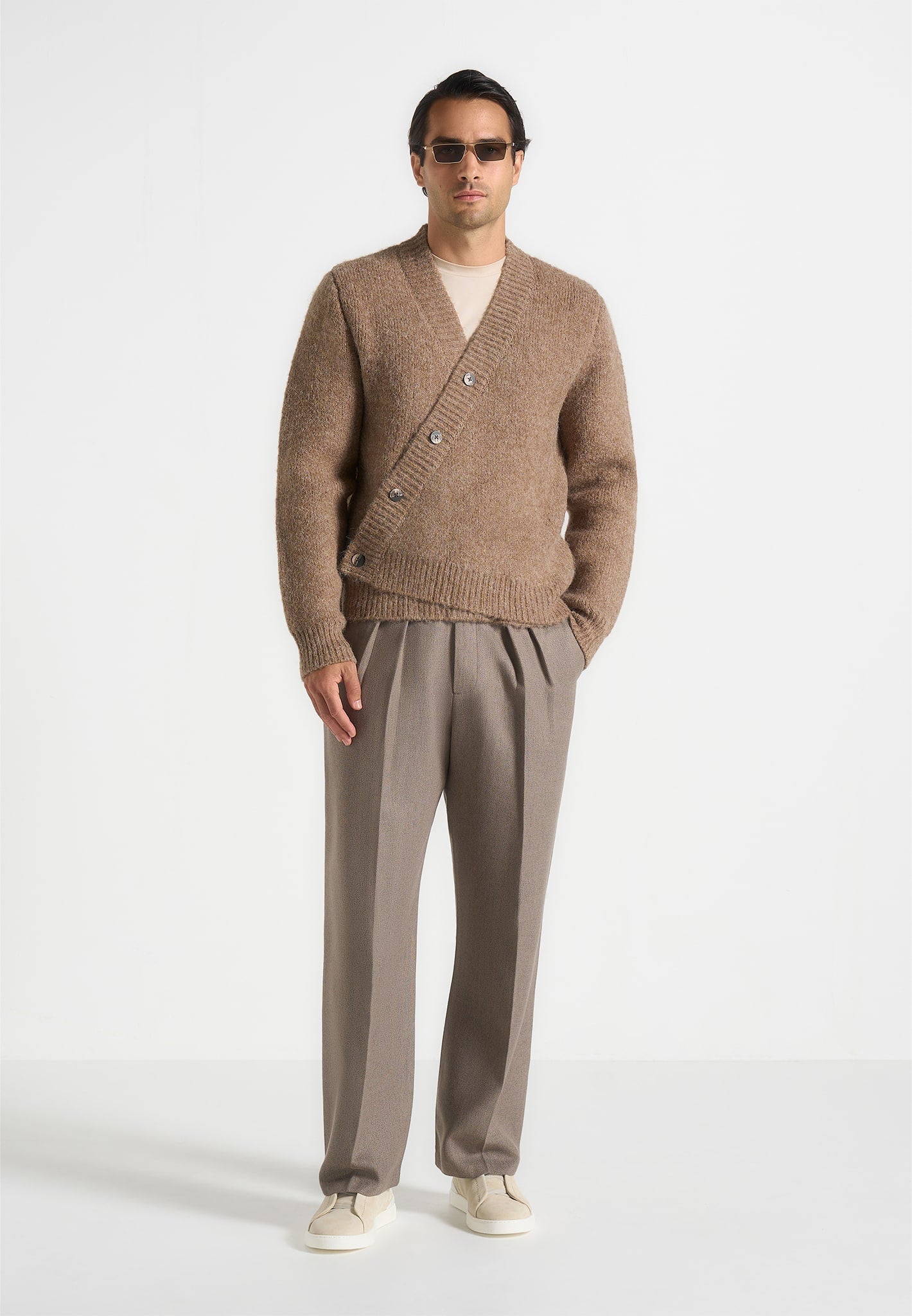 Dani - Unisex Asymmetric Brushed Wool Knit Cardigan - Taupe 