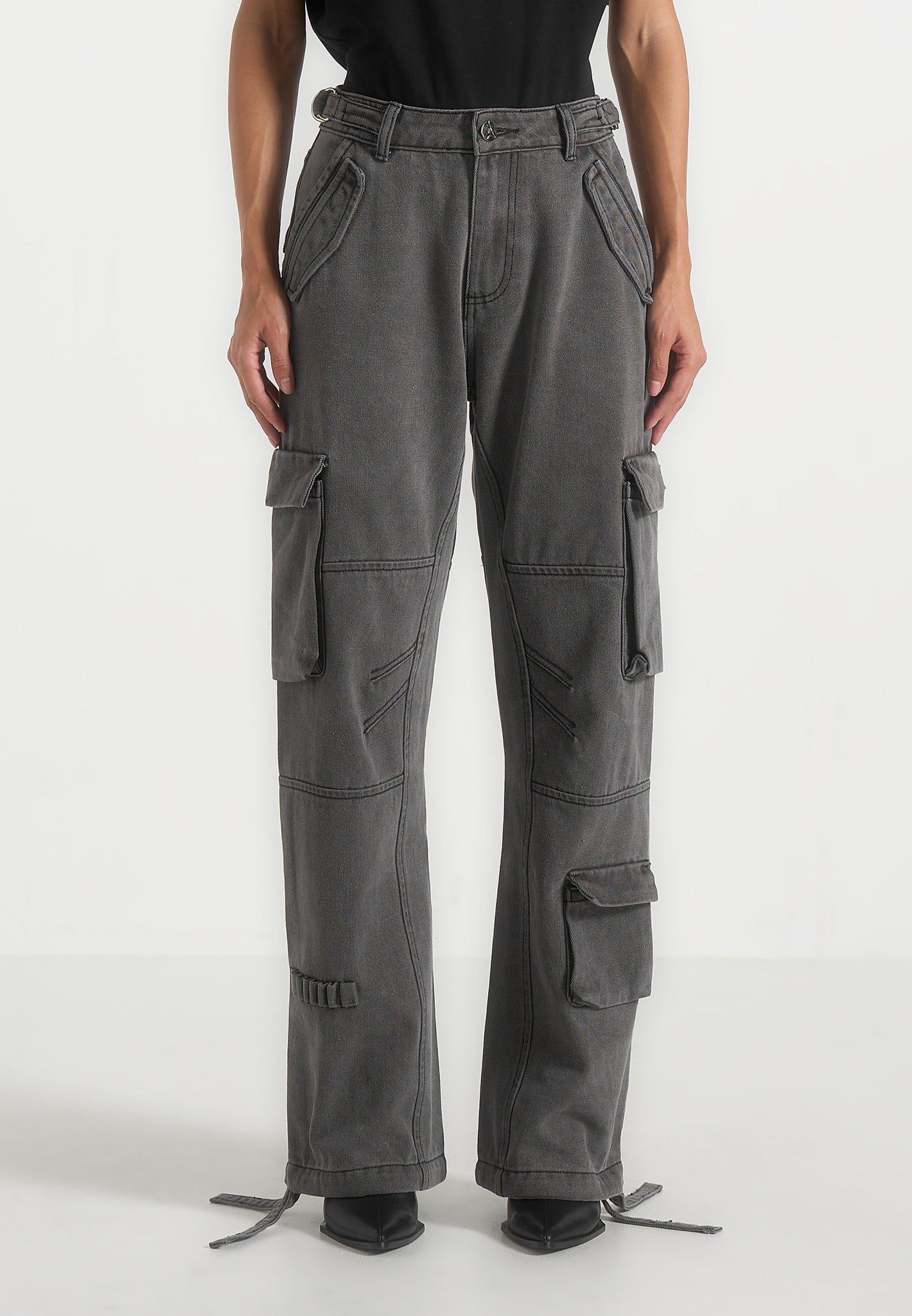 Mid Rise Cargo Pants - Washed Grey