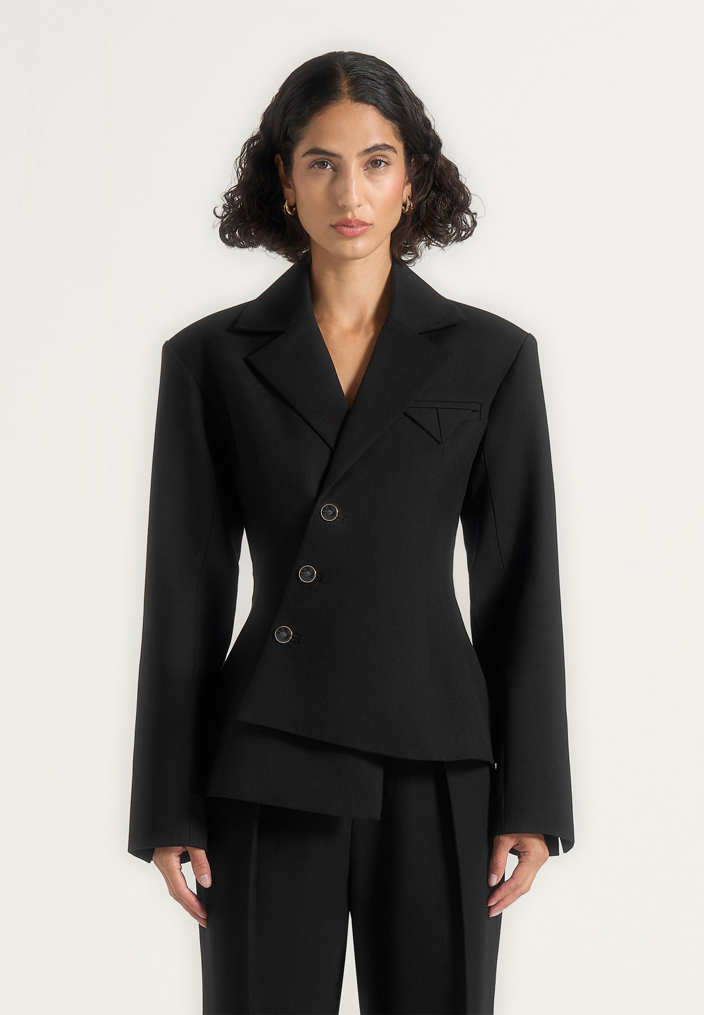 Women's Asymmetric Tailored Double Breasted Blazer - Black - US 2 - Thalia