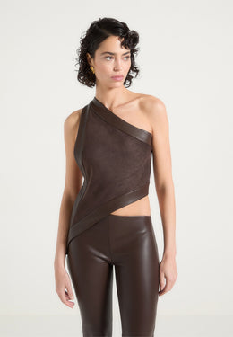 suede-and-leather-asymmetric-backless-top-brown