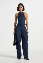 Claudette - Halterneck Backless Top - Indigo