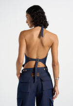 Claudette - Halterneck Backless Top - Indigo