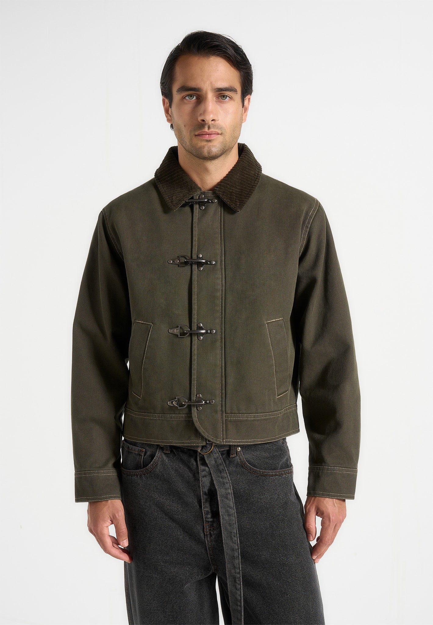 Nino - Clasp Detail Contrast Stitch Gabardine Jacket - Olive 