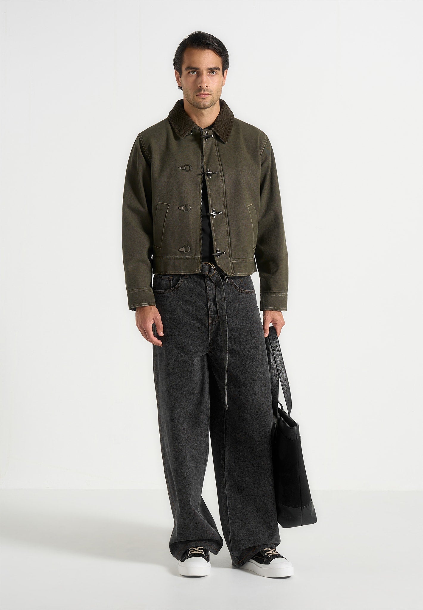 Nino - Clasp Detail Contrast Stitch Gabardine Jacket - Olive 