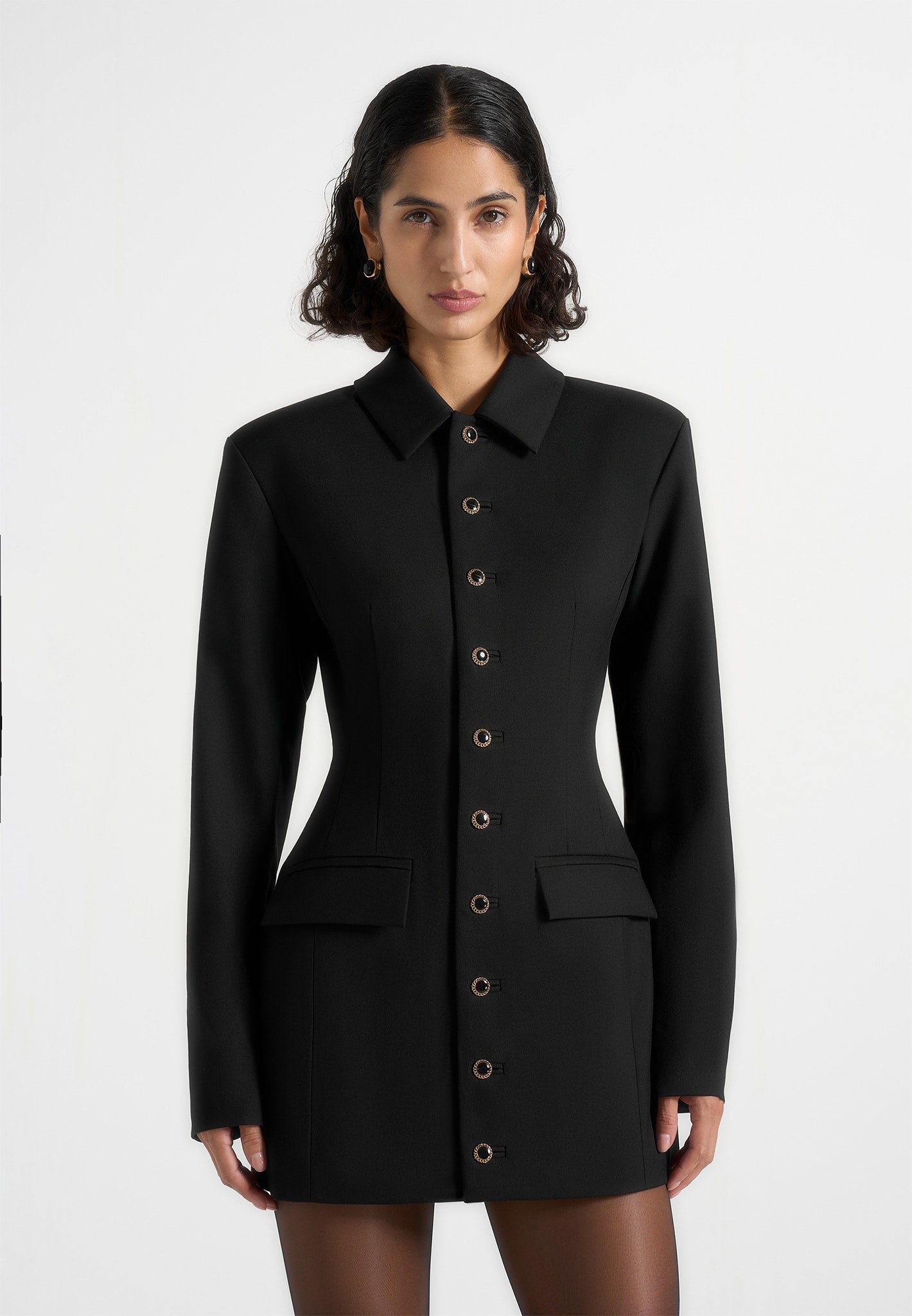 Amélie - Hourglass Button Up Blazer Dress - Black 
