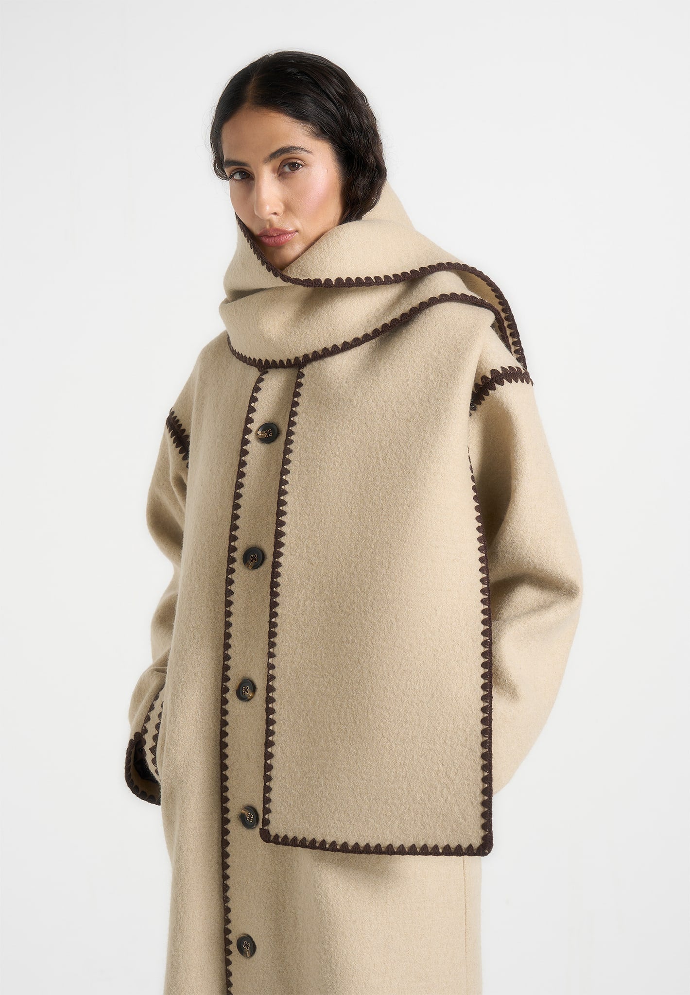 Aube - Blanket Stitch Wool Scarf - Taupe 