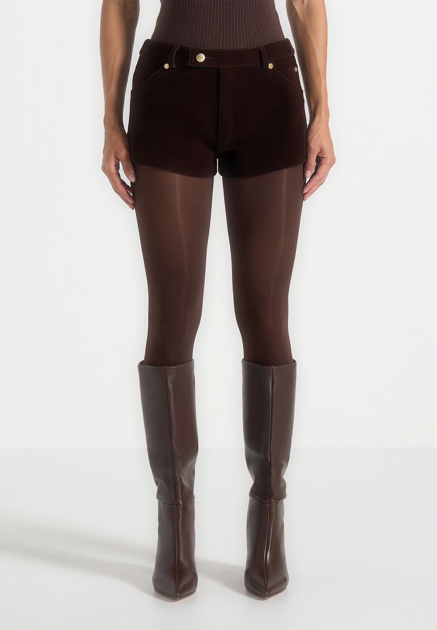 samia-velvet-patent-mini-shorts-brown