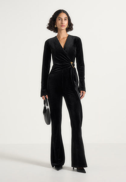 Solel - Velour Wrap Jumpsuit - Black | Manière De Voir USA
