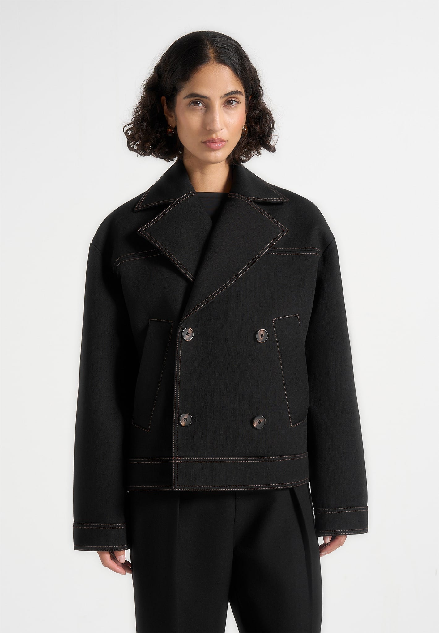 Mika - Unisex Tailored Double Breasted Jacket With Contrast Stitch - Black 