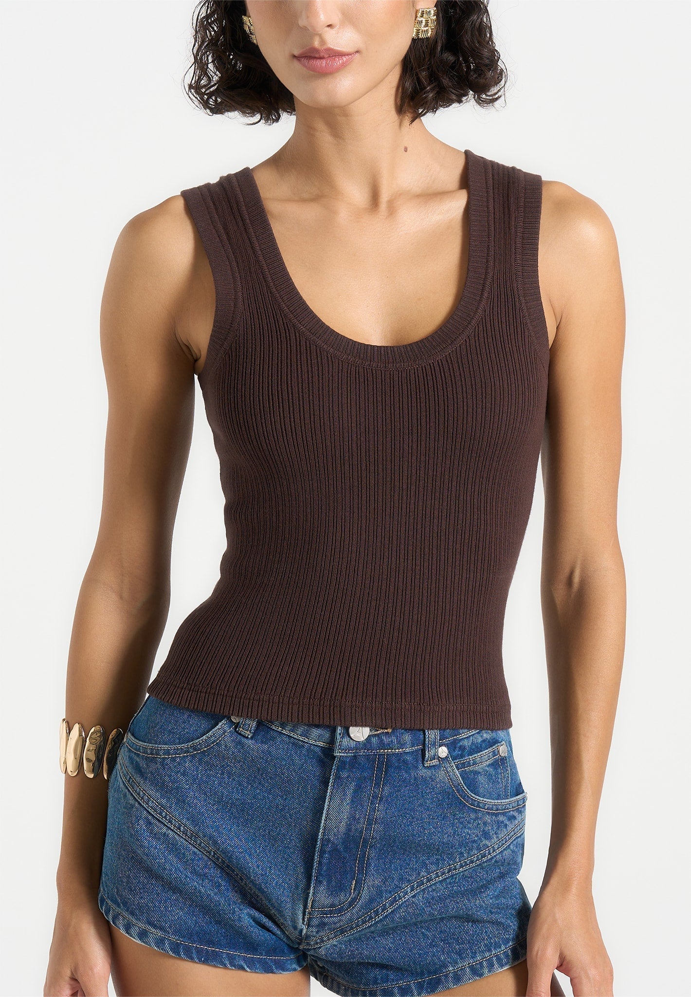 VS001 - Scoop Neck Ribbed Cotton Tank Top - Brown