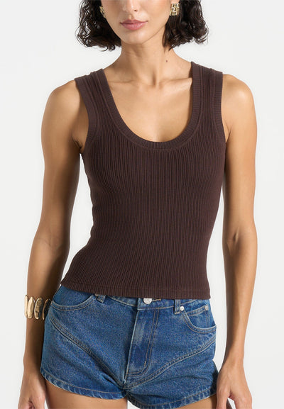 VS001 - Scoop Neck Ribbed Cotton Tank Top - Brown