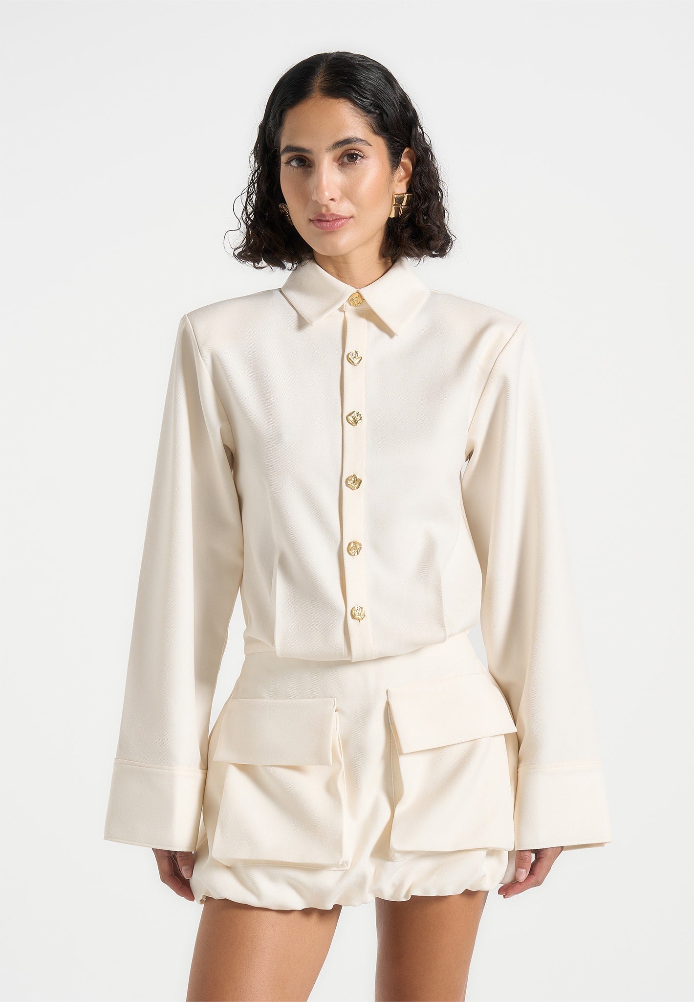 Corset Shirt Dress - White/Beige | Manire De Voir USA Corset Shirt Dress - White/Beige | Manire De Voir USA