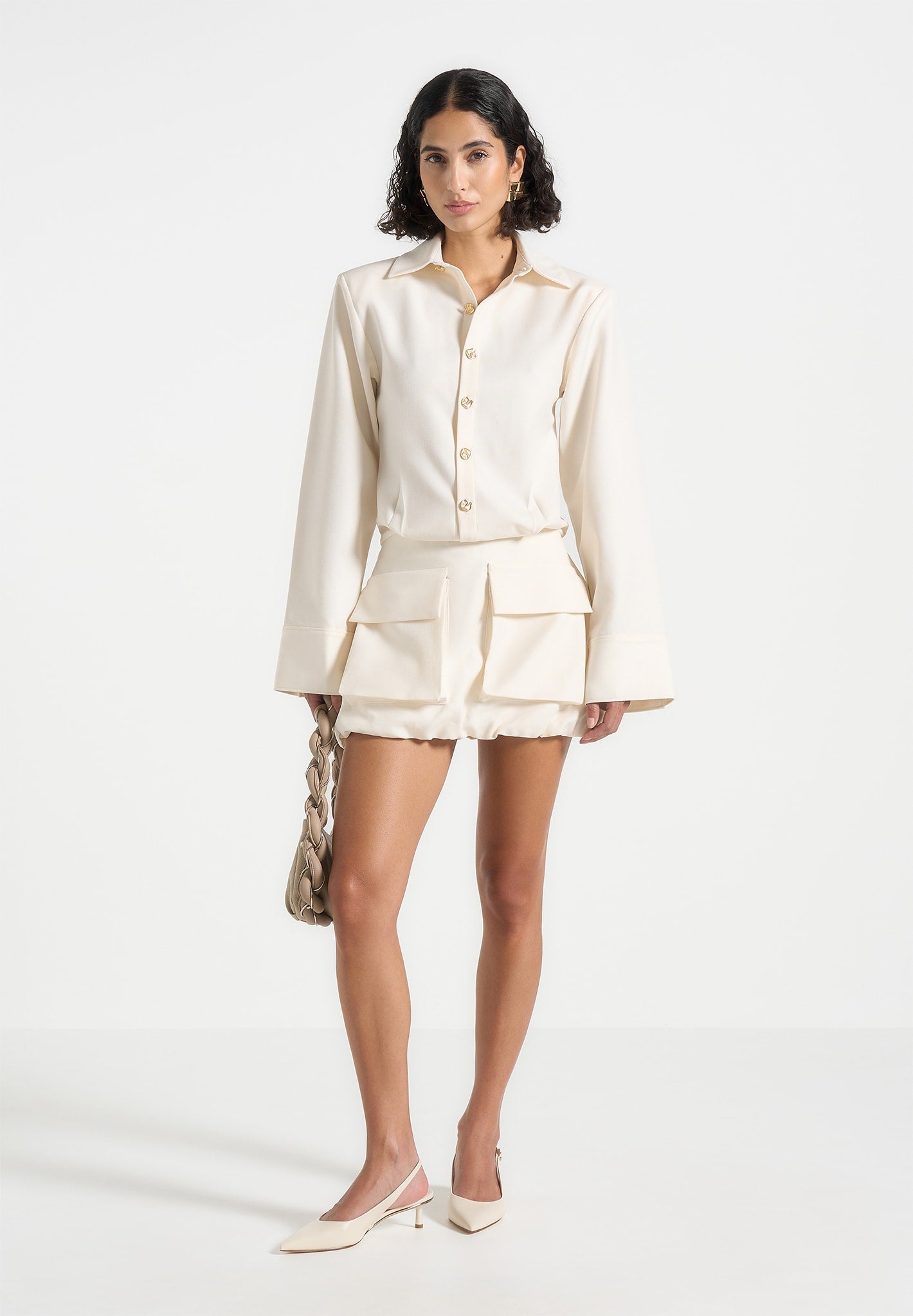 Laure - Cargo Shirt Mini Dress - Cream | Manire De Voir USA Laure - Cargo Shirt Mini Dress - Cream | Manire De Voir USA